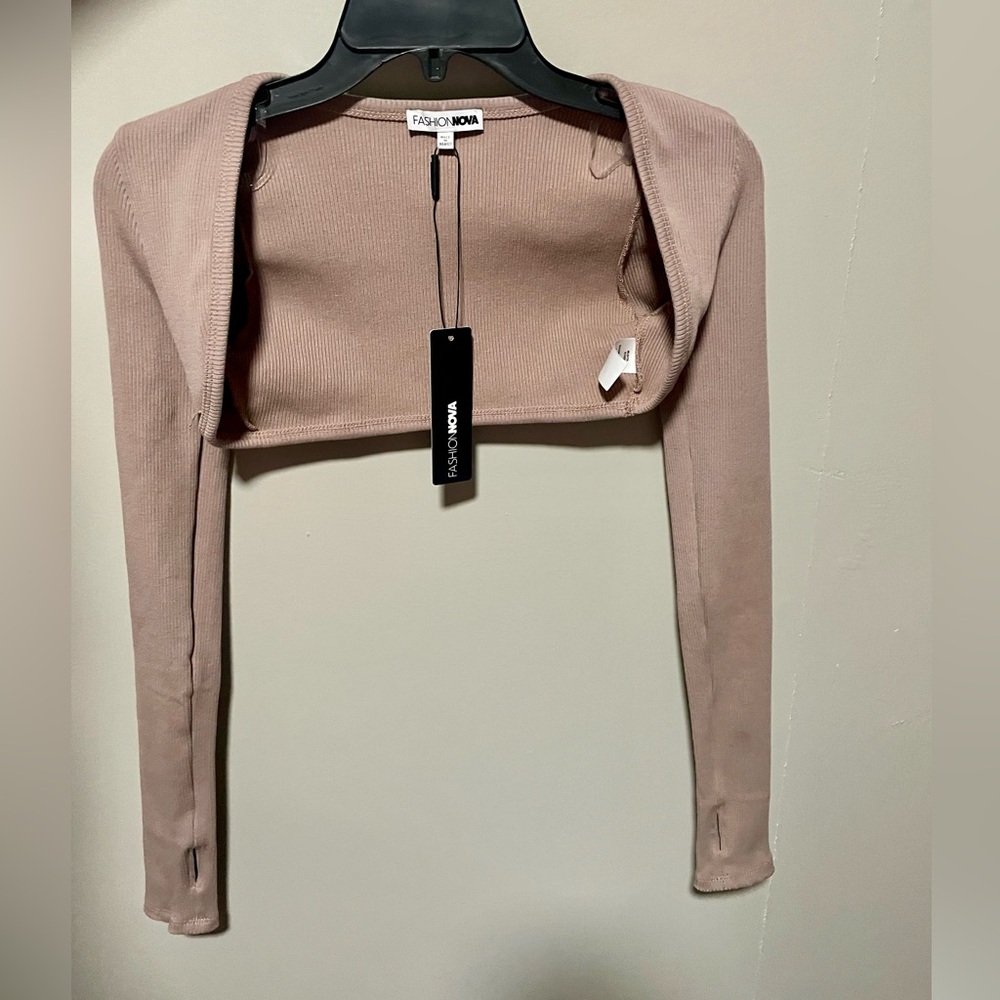 Snatched long sleeve yoga shrug. Sand color